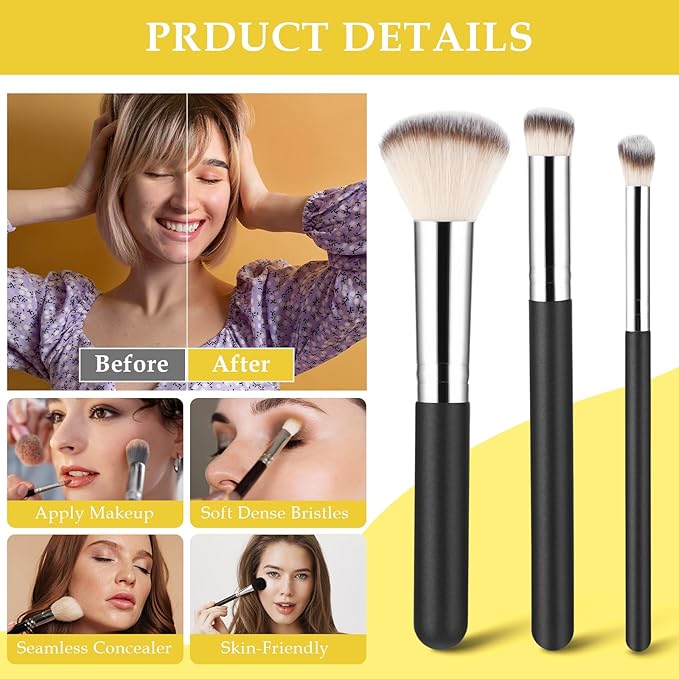 3 Pcs Foundation Contour Brushes - Foundation Brush & Concealer Brush & Blusher Brush, Under Eye Nose Contour Kabuki Brush for Blending Liquid Cream, Sculpting, Highlighting, Mineral Makeup