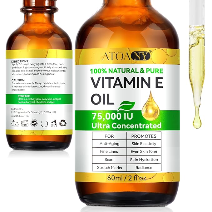 Vitamin E Oil, 75,000 IU Organic Pure Vitamin E Oil for Tightening Plump Skin, Reduce Fine Lines & Scars, Moisturizing Skin, Face & Full Body- 2Fl Oz