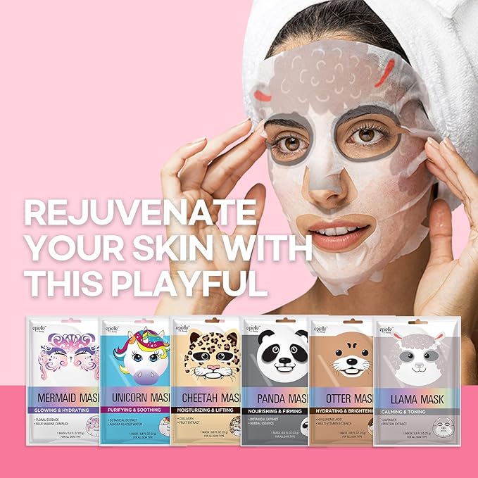 Epielle Animal Character Sheet Masks 12 Pack, Hydrating Face Mask with Hyaluronic Acid & Botanical Extract, Korean Skin Care, Girls Spa Party Favors, Sleepover, Self Care Gifts for Women