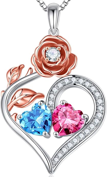 Iefil Rose Heart Birthstone Necklaces for Women - 925 Sterling Silver Double Birthstone Necklace, Anniversary Birthday Gifts for Women, Jewelry Gifts for Wife Her
