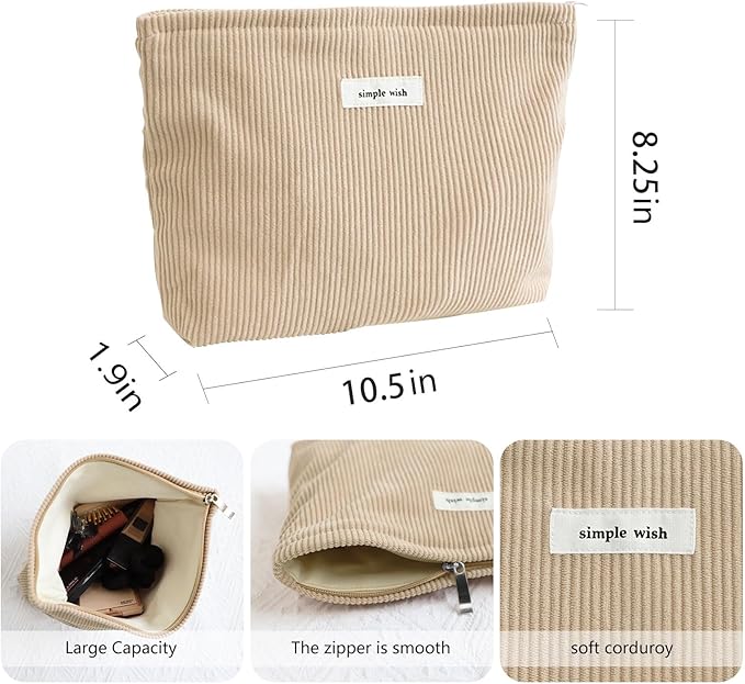 Wudygirl Makeup Bag Corduroy Cosmetic Bag for Women Large Capacity Makeup Pouch Travel Toiletry Bag Portable Makeup Organizer Zipper Handbag Pouch (Khaki)
