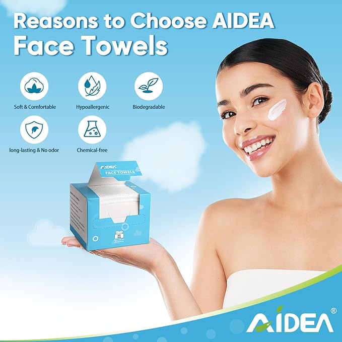 AIDEA Face Towels Disposable-200Ct (4 Box), Clean Facial Towels, Facial Cleansing Wipes for Sensitive Skin, Face Towelettes for Makeup Removing, Nursing, Travel, Dry Wipes