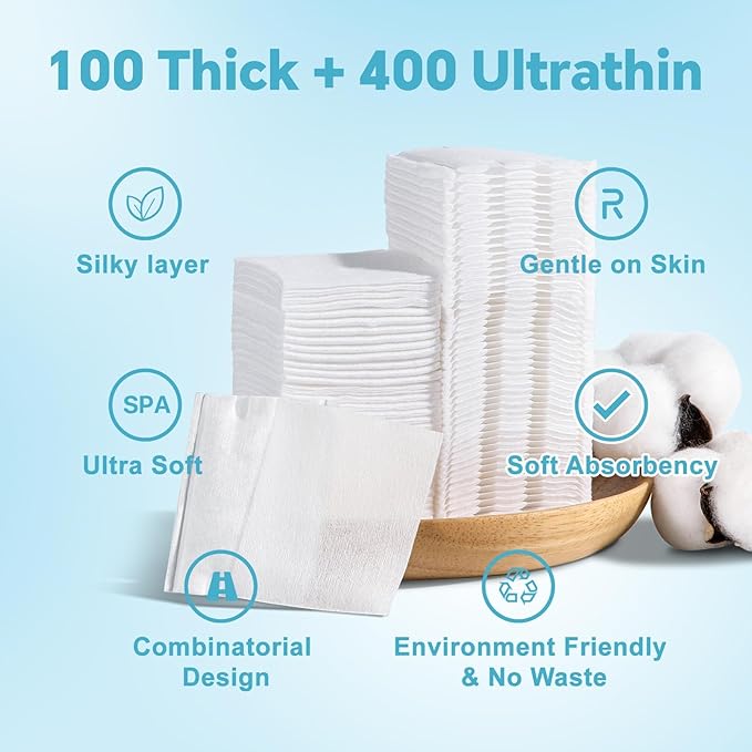 Square Cotton Pads for Face (500 Count) - 100% Pure Cotton, Soft Lint-Free Makeup Remover Pads for Facial and Eye Use, Double-Sided Design to Save Water, Hypoallergenic (100 Thick & 400 Ultra-Thin)