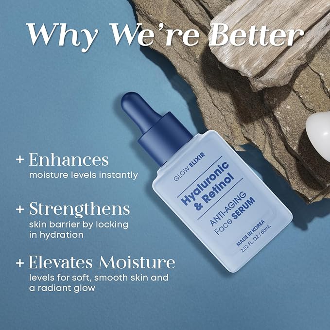 Glow Elixir Hyaluronic & Retinol Face Serum - Dermatologist Tested Anti-Aging Korean Skin Care Hydrates Firms Smooths Improves Texture Evens Skin Tone - Clean Beauty Vegan Cruelty-Free - 1.69 Fl Oz