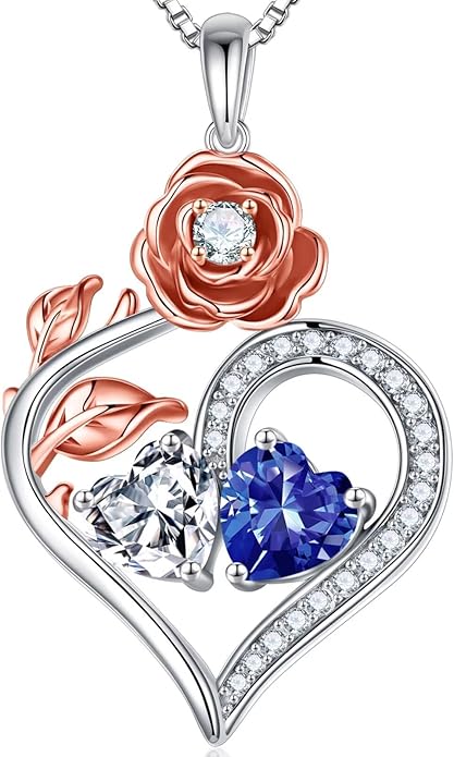 Iefil Rose Heart Birthstone Necklaces for Women - 925 Sterling Silver Double Birthstone Necklace, Anniversary Birthday Gifts for Women, Jewelry Gifts for Wife Her