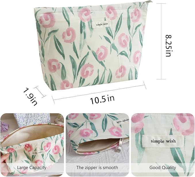 Wudygirl Cute Makeup Bag for Women - Travel Cosmetic Bag with Zipper Makeup Pouch Floral Make up Organizer Handbag Aesthetic (White Tulips)