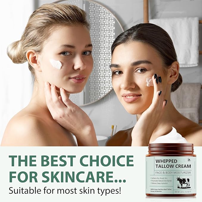 Beef Tallow for Skin, Tallow and Honey Balm, Organic Grass Fed Whipped Beef Tallow with Honey Beeswax, Deeply Moisturizes Face & Body, Repair Skin, 4.2 Oz