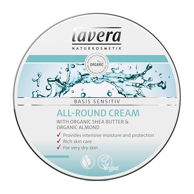 lavera Basis Sensitive All Purpose Cream - Body Cream with Aloe Vera & Almond Oil - Intensive Care for Dry Skin - Moisturizing Face Cream - PETA Certified - Vegan - Made in Germany - 5.1 Fl Oz