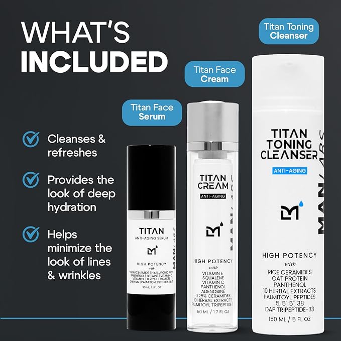 Titan Anti-Aging Mens Skin Care Kit – Cleanser, Face Serum, Mens Face Moisturizer – Men, Skin Care Set – Dark Spots, Wrinkles, Fine Lines – Vitamin C, Niacinamide, Ceramides, HA – Unscented