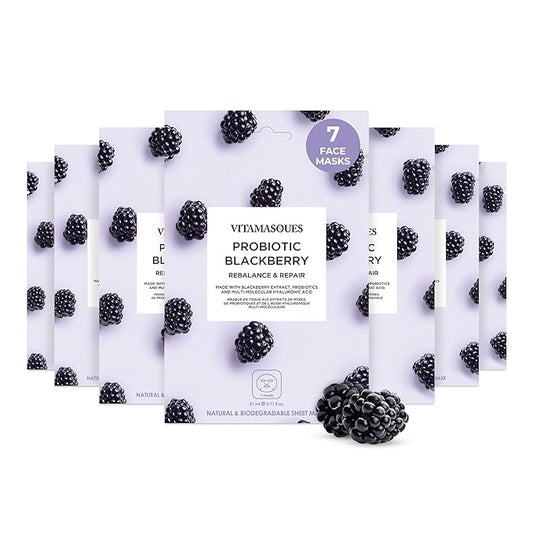 Vitamasques Probiotic Blackberry Face Sheet Mask 7 Pack - Korean Skin Care Facial Mask Rebalances & Repairs Skin with Multi Molecular Hyaluronic Acid - Natural & Biodegradable