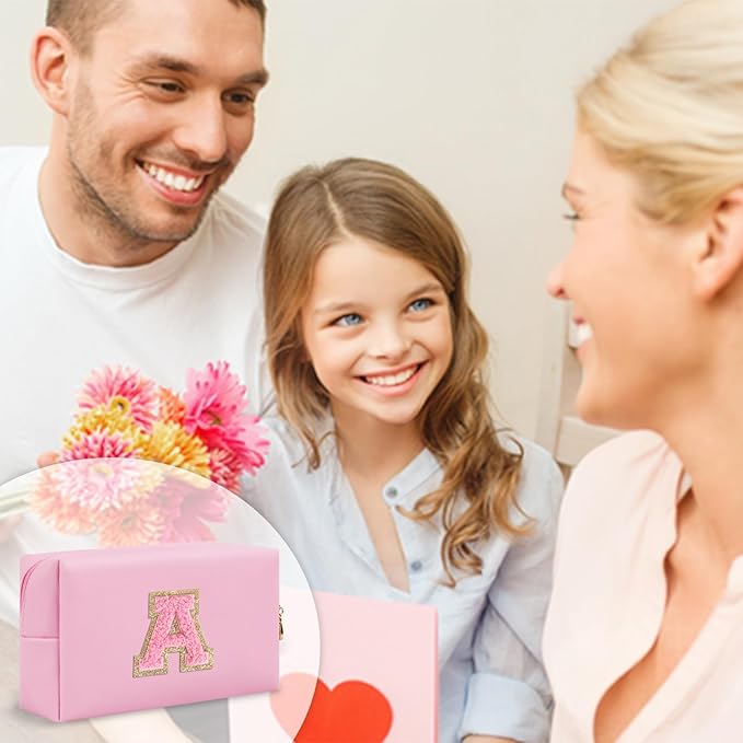 Personalized Initial A-Z Preppy Patch Makeup Bag,Small PU Leather Chenille Letter Cosmetic Bag with Zipper for Teen Girls,Pink Cute Travel Toiletry Bag,Birthday Monogrammed Gift for Daughter,Letter A