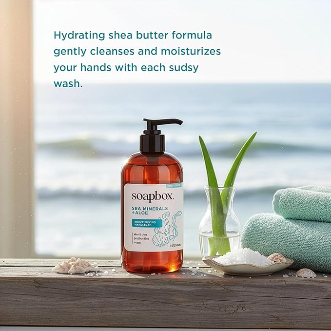 Soapbox Hand Soap Variety Pack (Coconut, Sea Minerals, Vanilla Bean) Liquid Hand Soap, Moisturizing Wash with Shea Butter & Aloe Vera, Pack of 3 Bottles with Pump Dispenser, 12oz Each