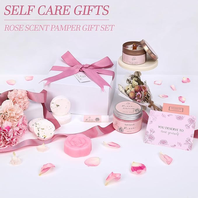 Spa Gifts for Women Bath and Body Gift Basket Mothers Day Gifts Rose Home Spa Set Self Care Gifts for Mom Sister Her Wife Birthday Gifts for Women Spa Kit Care Package Thank You Gifts