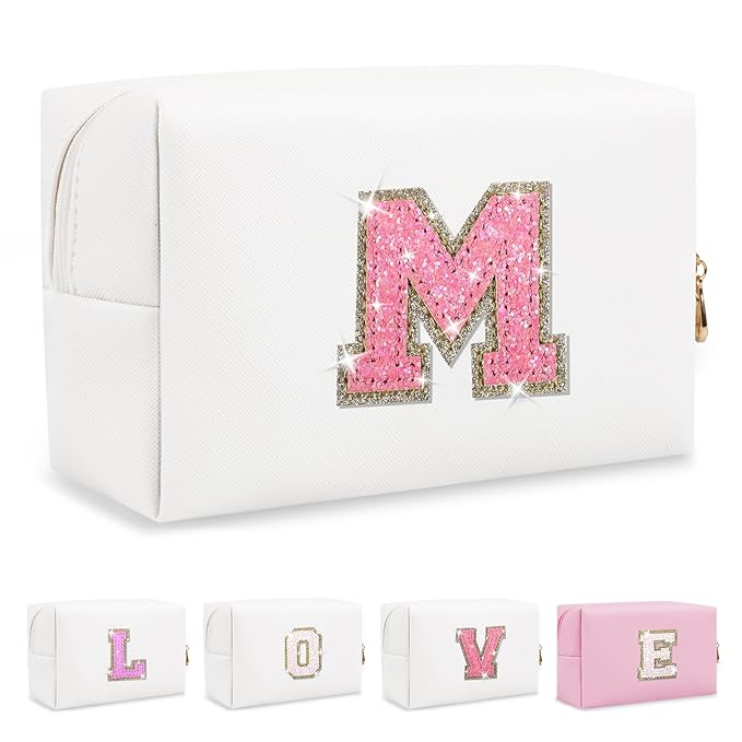 Small Initial Patch Makeup Bag Personalized Gifts Make Up Bag,White Cute PU Leather Glitter Letter Cosmetic Bag with Zipper,Trendy Portable Travel Toiletry Pouch,Preppy Stuff for Teen Girls Women M