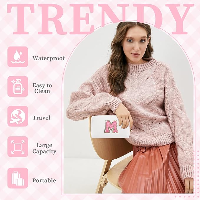 Small Initial Patch Makeup Bag Personalized Gifts Make Up Bag,White Cute PU Leather Glitter Letter Cosmetic Bag with Zipper,Trendy Portable Travel Toiletry Pouch,Preppy Stuff for Teen Girls Women M