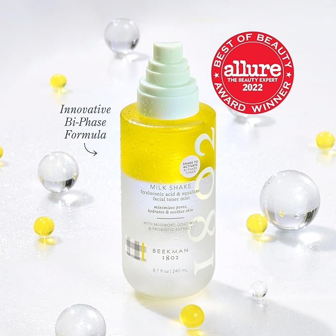 Beekman 1802 Milk Shake Mini Hydrating Face Mist - Hyaluronic Acid & Squalane Facial Mist Minimizes Pores & Gently Moisturizes, Goat Milk Skin Toner Spray, Lightweight, Fragrance Free, Travel Size