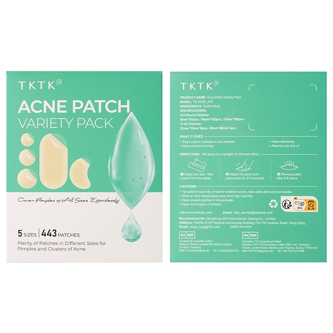 TKTK 443 Count Pimple Patches for Face, Hydrocolloid Acne Patch Bulk, Acne Stickers for Covering Cheeks, Forehead, Chin Blemishes Zit Breakouts for All Skin Types (Dots, Strip, Contoured 5 Sizes)
