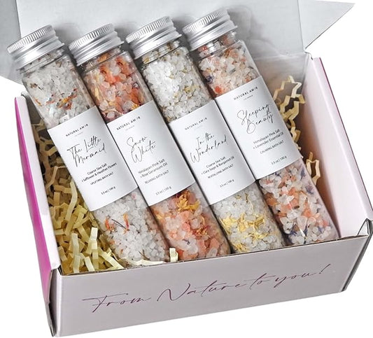 Natural Bath Salt Gift Set – 4-Pack Relaxing Soaks with Himalayan Pink Salt, Sea Salt, Essential Oils, Jojoba Oil & Dried Flowers – Spa Gift for Women & Self Care