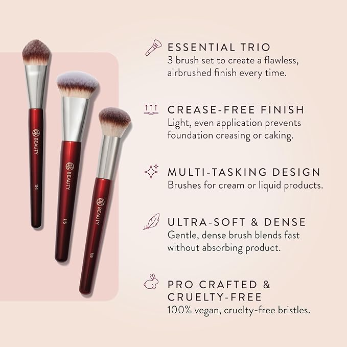 BK Beauty Core Complexion Trio Makeup Brushes Set (3PC) – Foundation, Concealer, and Blending Brushes for Liquid, Cream & Powder – Vegan, Cruelty-Free, Ultra-Soft Face Makeup Brushes