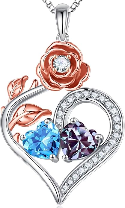 Iefil Rose Heart Birthstone Necklaces for Women - 925 Sterling Silver Double Birthstone Necklace, Anniversary Birthday Gifts for Women, Jewelry Gifts for Wife Her