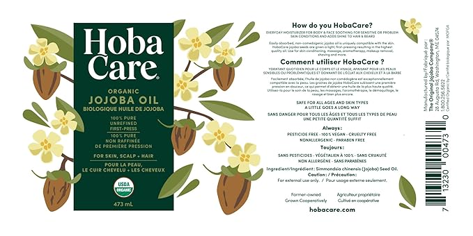 HobaCare Organic Jojoba Oil for Hair, Skincare, Face, Body, Scalp, Nails, Beard Care, Skin Massage - Unrefined Carrier Oil - 100% Pure, Hexane Free, Moisturizing (16 oz)