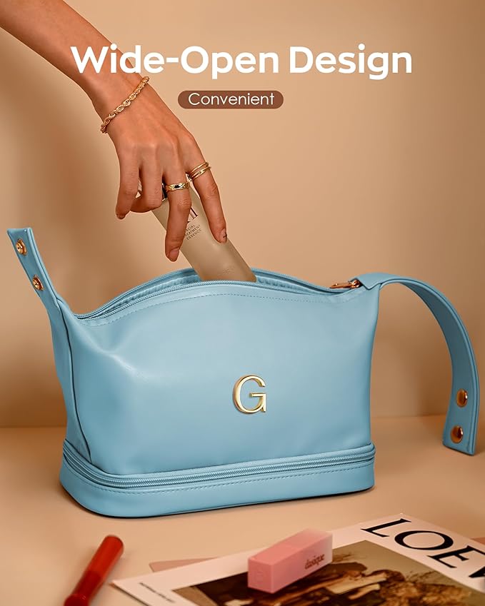 Easter Gifts for Girl, Makeup Bag for Teens 16-18, Personalized Makeup Bag with Handle, Initial Double Layer Cosmetic Bag with Makeup Brush Organizer, Teacher Gifts, Gifts for Friends Mom