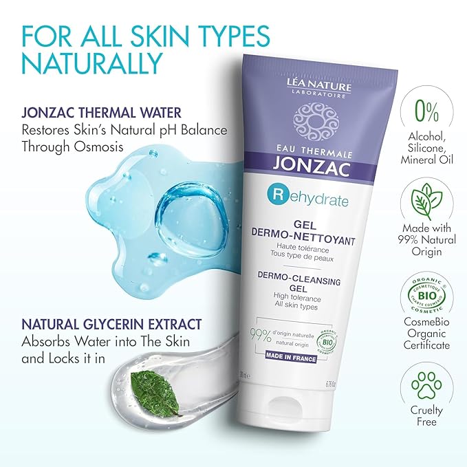 Eau Thermale Jonzac Rehydrate Organic Dermo Cleansing Gel - Gentle Daily Facial Cleanser - Sensitive Skin Approved - Leaves Skin Feeling Smooth & Hydrated - 6.75 Fl oz