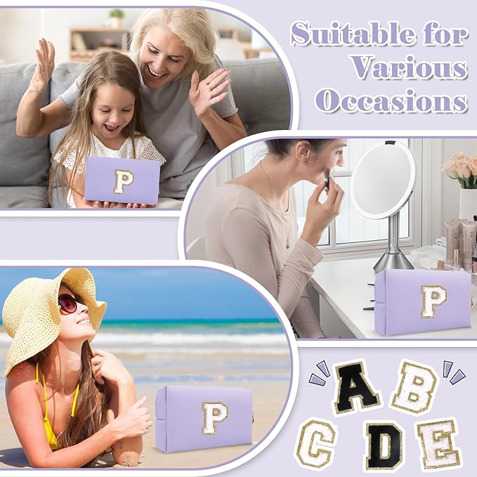 Personalized Makeup Bag Initial A-Z Preppy Patch Bag,Small PU Leather Travel Cosmetic Bag Pouch with Zipper,Purple Cute Toiletry Bag,Gift Ideal for Teen Girls Women Birthday Friend Mom,Latter P