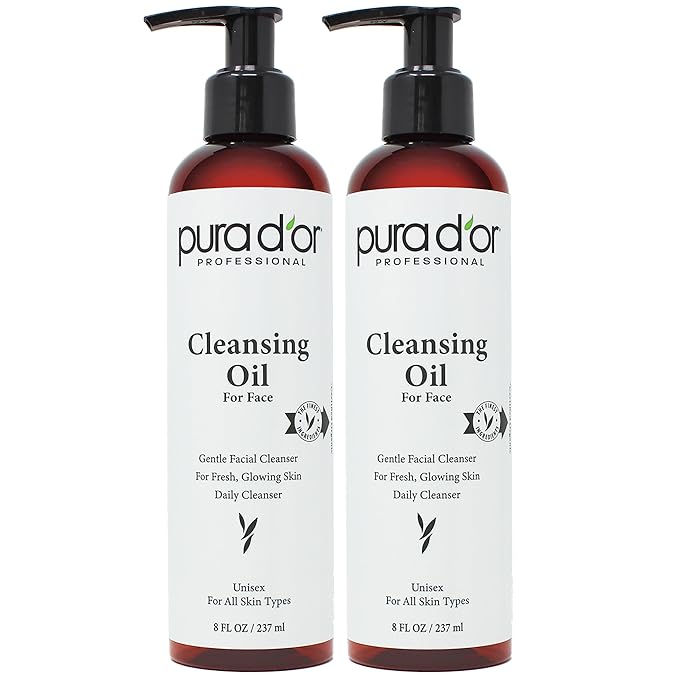 PURA D'OR Facial Cleansing Oil (8 Oz x2 = 16 Oz) Nourishing Botanical Blend with & Vitamin, Jojoba and Sunflower Oil - Gentle Makeup Remover & Deep Cleanser For Healthy, Glowing Skin - Paraben-Free