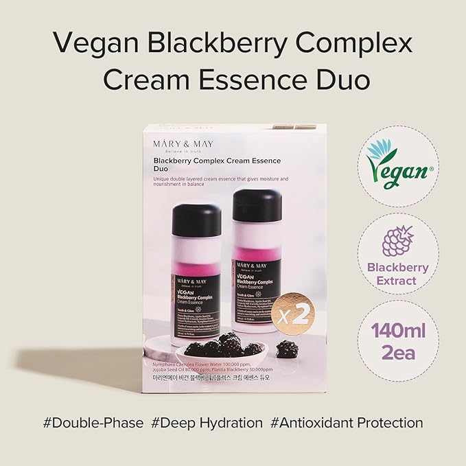 Mary&May Vegan Blackberry Complex Cream Essence Duo- Intense Hydrating & Soothing Face Essence - Fragrance-Free, Hypoallergenic, Deep Moisture, Boost Elasticity, Korean Skincare, 9.46 fl.oz.