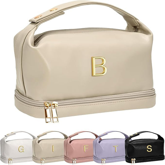 Personalized Makeup Bag with Handle, Initial Double Layer Cosmetic Bag with Makeup Brush Organizer,Gifts for Friends Female Mom