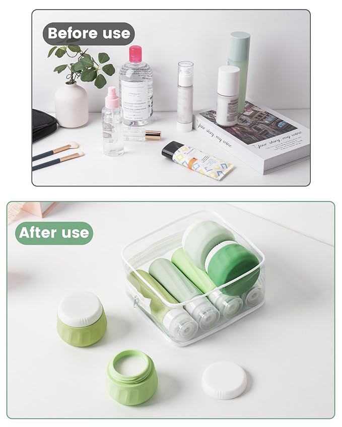 Travel Bottles for Toiletries 8 Pack, Travel Size Toiletries, Tsa Approved Travel Size Containers 3oz, with Travel Essentials Clear Bag, Leak Proof Silicone Squeezable Creams Jars