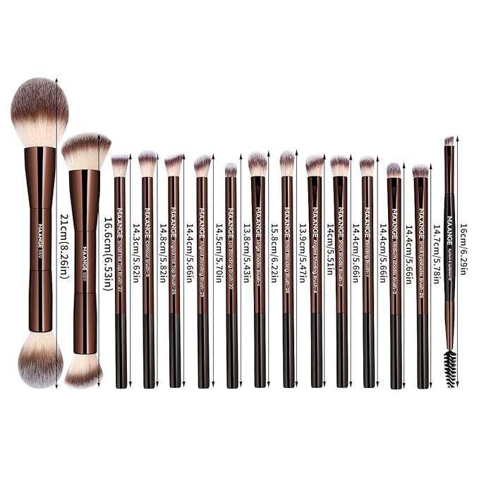 MAANGE 15 PCS Makeup Brushes Double-ended Makeup Brush Set Double Sided Angled/Round Top Brush Foundation Contour Blending Eyebrow Eyeshadow Concealer (Coffee)