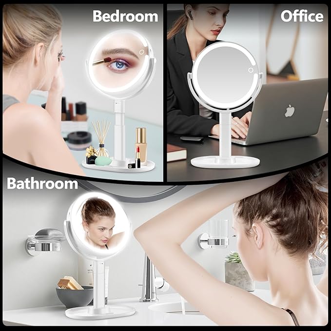 MIYADIVA Makeup Mirror with Lights, 30X Magnifying Mirror with Light and Touch Switch, Vanity Mirror with 3 Color Light and 80 LEDs, Height Adjustable Desk Mirror with Lights, White