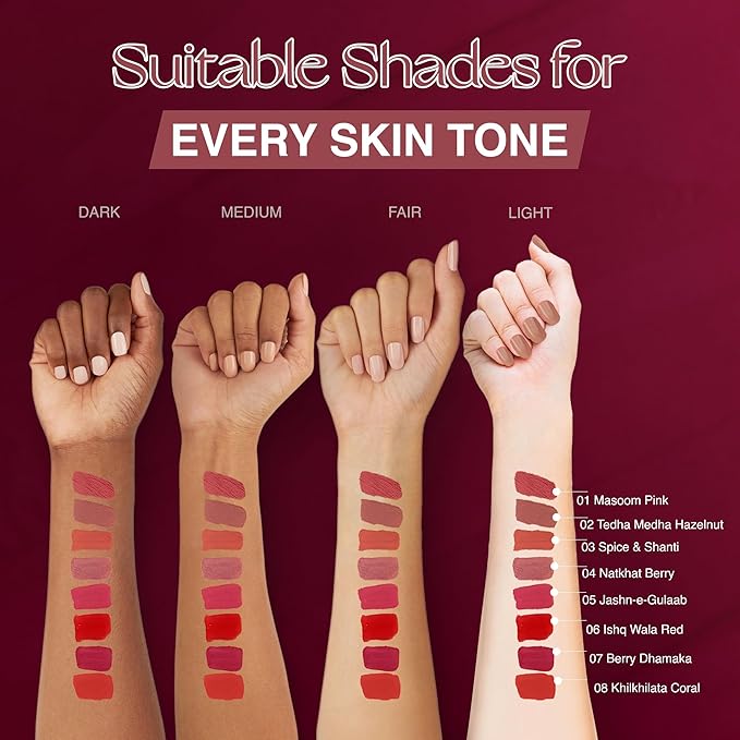 NOURISH MANTRA Matte Liquid Lipstick with SPF/Mini Lipstick/Water Proof/Smudge Proof/Transfer Proof/Long Lasting/For All Skin Tones/Set of - 4 (1.2ml Each)