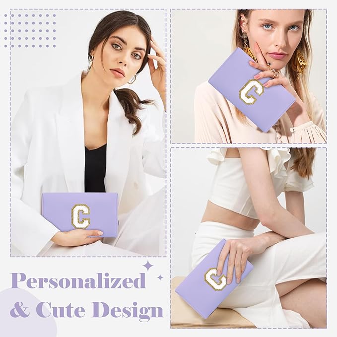 Personalized Makeup Bag Initial A-Z Preppy Patch Bag,Small PU Leather Travel Cosmetic Bag Pouch with Zipper,Purple Cute Toiletry Bag,Gift Ideal for Teen Girls Women Birthday Friend Mom,Latter C