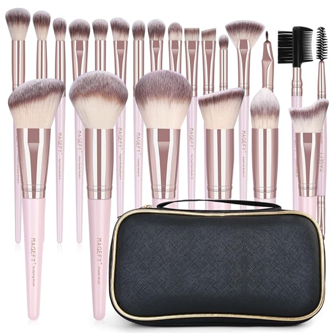 22 Pcs Makeup Brushes Set, MAGEFY Professional Makeup Brushes Wooden Handle Cosmetics Brushes Foundation Concealer Powder Face Eye Make up Brushes Kit(Pinkgold)