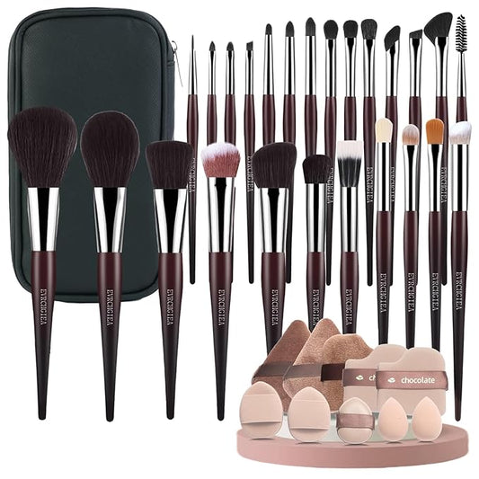 35Pcs Professional Makeup Brushes Set, High End 25 Pcs Make up Tools For Powder Foundation Concealers Blush Eyeshadows and 8 Puff 2 Makeup Sponge. Artist MUST HAVES Travel and Daily (brown)