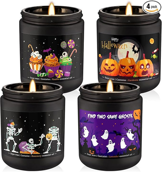 Halloween Scented Candle Set, 4-Pack 7oz Soy Wax Candles with 4 Fragrances, Long-Lasting Burning for Halloween, Christmas, Home Decor, Rituals & Themed Parties.