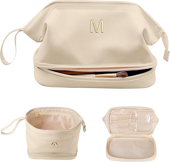 Birthday Gifts for Women, Initial Large Makeup Bag, Personalized Double Layer Cosmetic Bag with Makeup Brush Organizer, Waterproof, PU Leather Travel Toiletry Bag,Bride Gift Monogrammed Gifts
