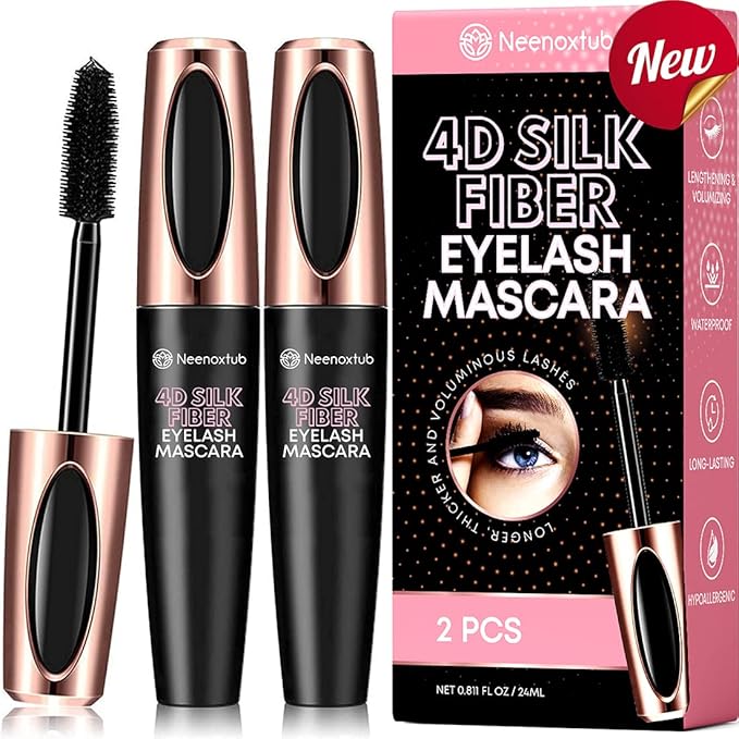 4D Silk Fiber Lash Mascara, Lengthening and Thick, Long Lasting, Waterproof & Smudge-Proof, Hypoallergenic Formula 2 Pack Black