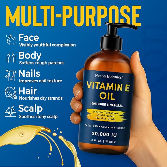 Nexon Botanics Vitamin E Oil 8 fl oz - 30,000 IU - Natural Moisturizer for Skin, Scars, Face & Stretch Marks - Made with d-Alpha Tocopherol & Sweet Almond Oil