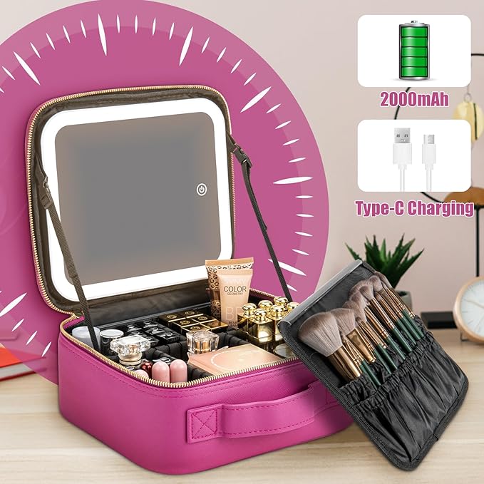 Makeup Travel Train Case with Mirror LED Light 3 Adjustable Brightness Large Cosmetic Bag Portable Storage Adjustable Partition Waterproof Makeup Brushes Make up Jewelry Gift for Women