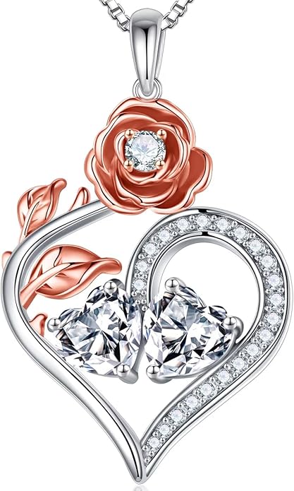 Iefil Rose Heart Birthstone Necklaces for Women - 925 Sterling Silver Double Birthstone Necklace, Anniversary Birthday Gifts for Women, Jewelry Gifts for Wife Her