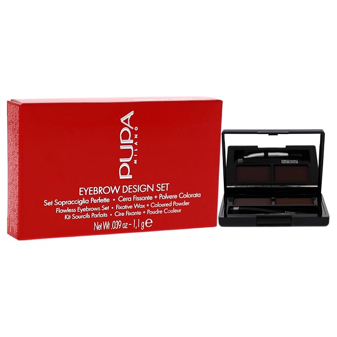 Pupa Milano Eyebrow Design Set - Essentials For Brow Grooming, Sculpting, and Shaping - Professional Tweezers, Angled Brush and Comb, Powder, Wax - Dermatologist Tested - 003 Dark Brown - 0.039 oz