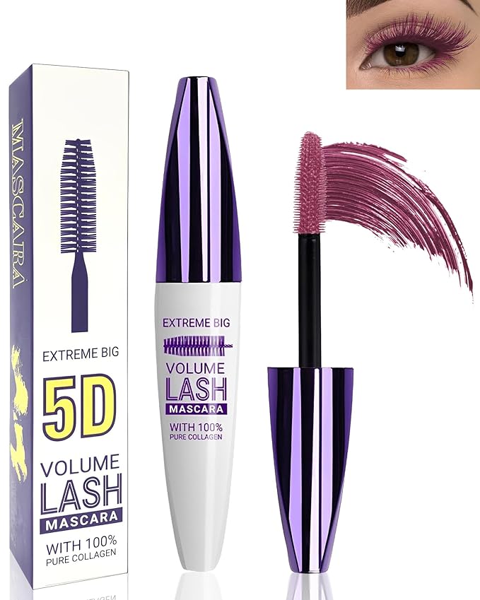 5D Burgundy Mascara for Eyelashes-1Pcs Longlasting Waterproof Colored Mascara Volume and Length,Volumizing Curling Eye Lashes Fiber rimel de pestañas,Christmas Eye Makeup Gift for Women Girl
