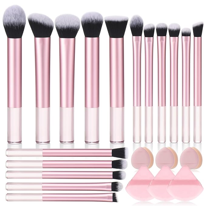 111 Makeup Brushes Set 22 Pcs Makeup Kit With Case Premium Soft Synthetic Hair Foundation Brush Concealer Brush Eyeshadow Brush Transparent Make up Brushes Set With Beauty puff (Pink+Black, 22pcs)