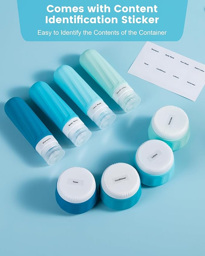 Travel Bottles for Toiletries 8 Pack, Travel Size Toiletries, Tsa Approved Travel Size Containers 3oz, with Travel Essentials Clear Bag, Leak Proof Silicone Squeezable Creams Jars