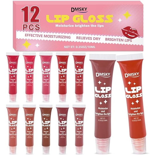 Dmsky 12 Pack Lip Gloss Set, 12 Colors Lip Oil for Dry Cracked Lips, Moisturizing Lip Balm Infused with Vitamin E for a Sheer Tint Of Color