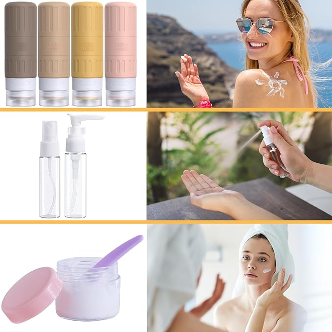 GLAMFIELDS Travel Bottles for Toiletries,TSA Approved 3.3oz Size LeakProof Silicone Toiletry Containers for Shampoo, Conditioner,Easy to Squeeze，Portable Travel Essentials for Lotion(18 Pack) Apricot